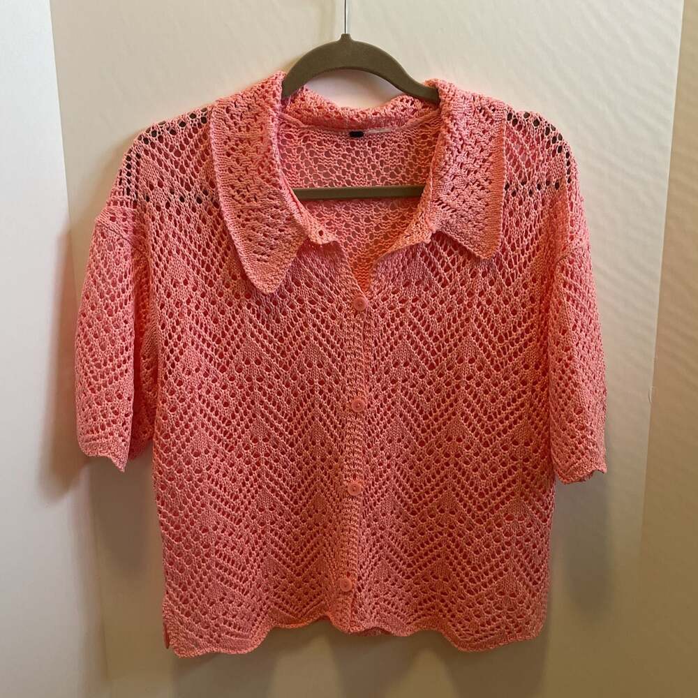 Short-sleeved pointelle-knit shirt - Light pink - Ladies